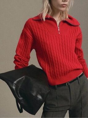 Mango Red Cable Knit Half-Zip Sweater